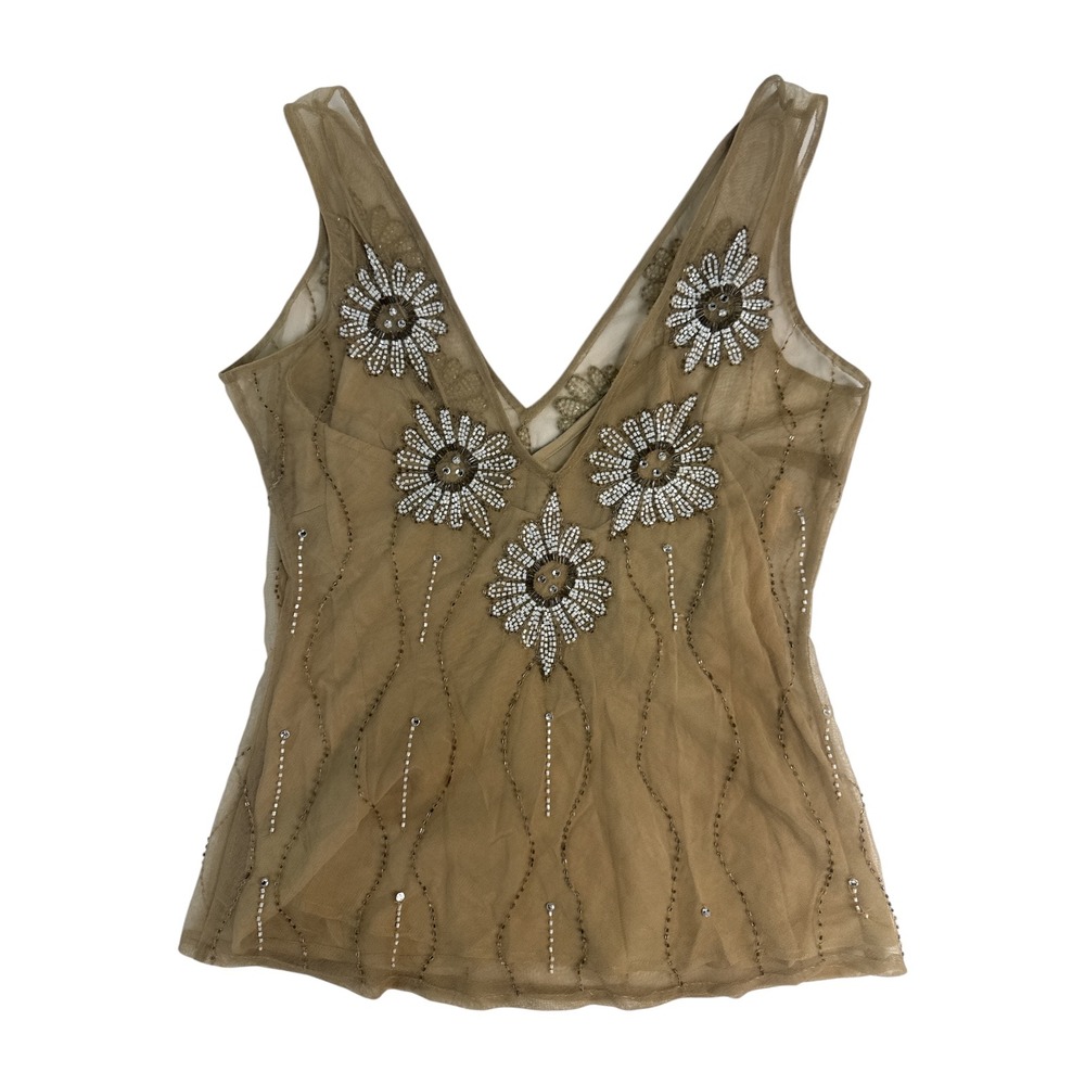 Tracy Reese New York Beaded Silk Mesh Tank Top Tan Floral Rhinestone Size 4 - Picture 3 of 8